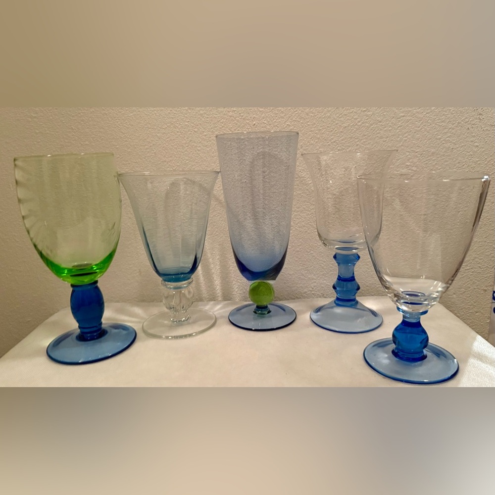 5 shades of blue collector’s glassware. Royal Dalton, Pfaltzgraff, Charter Club